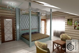 Дизайн интерьера в деревянном доме, Спальня в деревянном доме, дизайн спальни в деревянном доме, кровать с балдахином