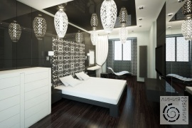 Дизайн интерьера спальни, Спальня в современном стиле, дизайн спальни в современном стиле, стеновые панели, спальня с темным полом