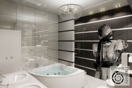 Ванная комната с панно из мозаики, дизайн ванной комнаты в черно-белом цвете, дизайн интерьера ванной комнаты