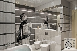 Ванная комната в черно-белом цвете, дизайн ванной комнаты в черно-белом цвете, ванная комната с панно из мозаики, дизайн интерьера ванной комнаты