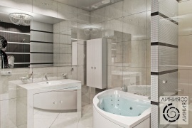 Ванная комната с панно из мозаики, санузел с душевой кабиной, санузел с угловой ванной, дизайн санузла с душевой кабиной и угловой ванной, ванная комната в современном стиле, дизайн интерьера ванной комнаты