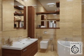 Санузел с угловой ванной, дизайн санузла с угловой ванной, ванная комната в бежево-коричневых цветах, дизайн интерьера ванной комнаты