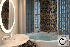 Санузел с угловой ванной, дизайн санузла с угловой ванной, дизайн интерьера ванной комнаты