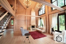 фото интерьера гостиной с камином в деревянном доме