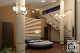 Дизайн интерьера спальни, Спальня с круглой кроватью, дизайн спальни с круглой кроватью, спальня с колоннами