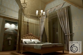 Дизайн интерьера спальни, Спальня с высоким потолком, кровать с балдахином