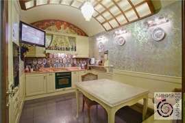 фото кухни сводчатым кессонированным потолком